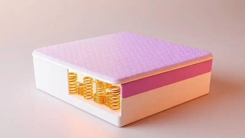 Visualização conceitual em 3D das camadas internas comparando molas douradas e espuma colorida.