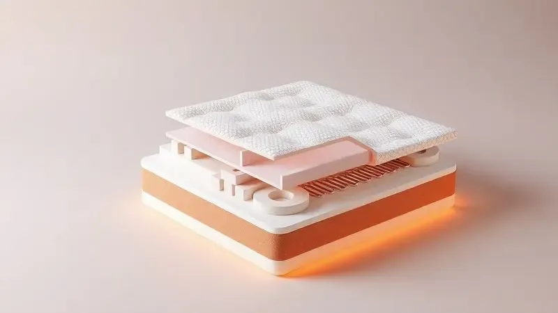 Visão conceitual 3D das camadas internas de um colchão mostrando molas e espumas estruturadas de forma artística.