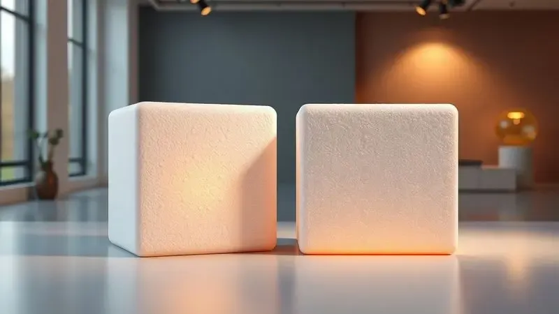 Representação conceitual em 3D comparando dois blocos de espuma com diferentes níveis de firmeza e densidade em um ambiente moderno.
