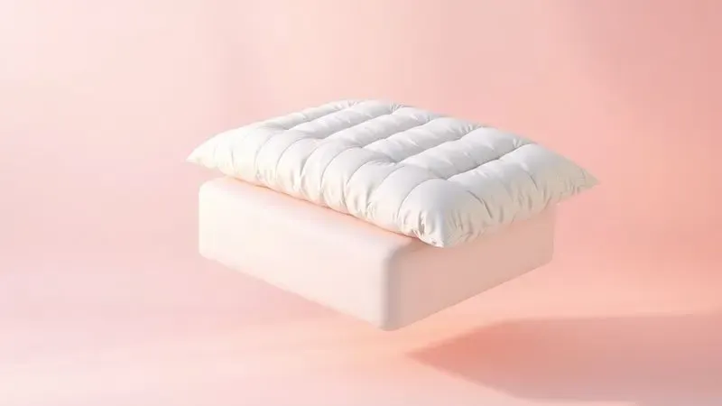 Representação 3D abstrata das camadas de proteção e capas para cama em um ambiente minimalista.