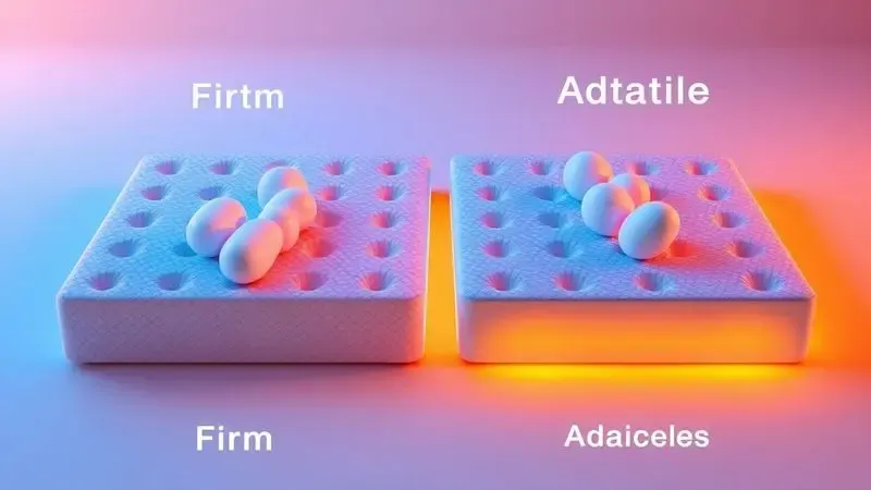 Comparação visual 3D entre superfícies de colchão firme e adaptável com esferas demonstrando distribuição de pressão.
