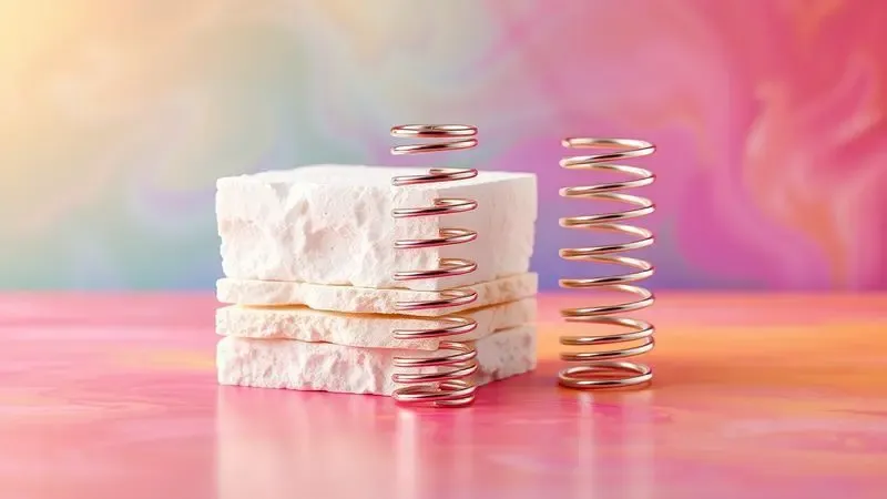 Comparação visual estilizada entre as estruturas internas de um colchão de mola e um de espuma em 3D.