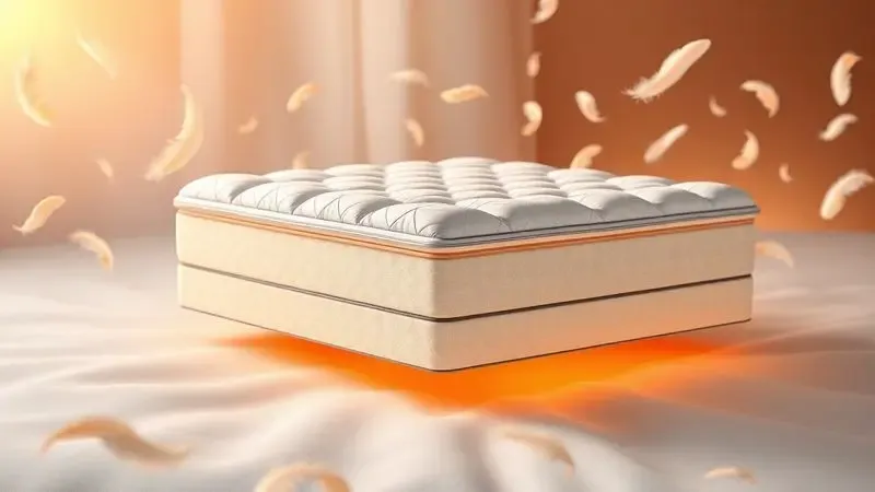 Visualização conceitual em 3D das camadas internas de um colchão moderno com iluminação suave e tons quentes.