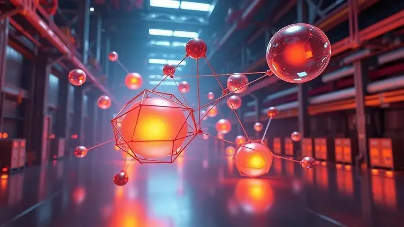 Representação conceitual 3D de engrenagens e formas abstratas simbolizando a complexidade da produção industrial de colchões.