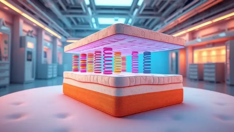 Estrutura interna de um colchão com molas e camadas de espuma coloridas em renderização 3D detalhada.