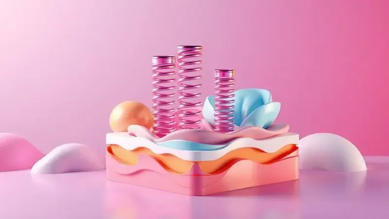 Renderização 3D artística mostrando a diferença entre molas ensacadas e espuma em camadas coloridas e estilizadas.