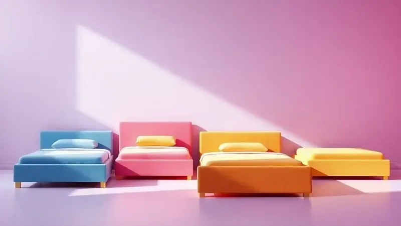 Comparativo visual estilizado de tamanhos de colchões queen e king em um ambiente de design moderno e colorido.