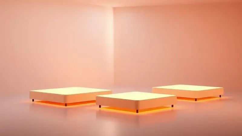 Ilustração 3D de plataformas de diferentes tamanhos representando as variadas dimensões de colchões disponíveis.