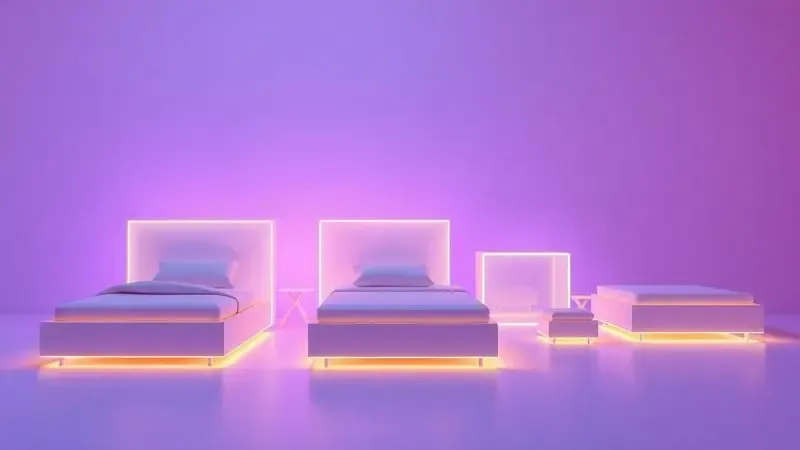 Representação visual conceitual de diferentes tamanhos de colchões box em um ambiente moderno.