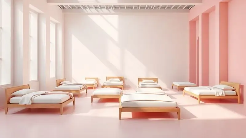 Visualização 3D de diferentes tamanhos de camas em um ambiente arquitetônico moderno e minimalista com tons pastéis.