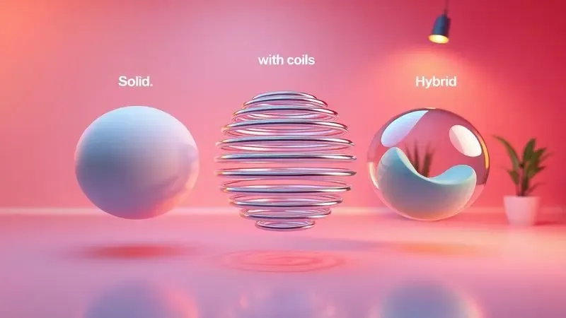 Representação conceitual em 3D de diferentes texturas e materiais que compõem um colchão de tecnologia mista.