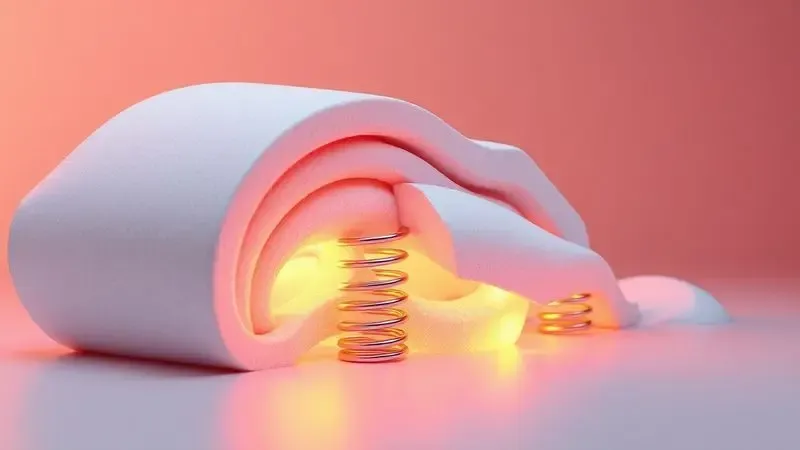 Renderização 3D abstrata comparando a estrutura interna de um colchão de molas e espuma com cores vibrantes.