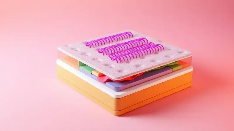 Ilustração 3D conceitual das camadas internas de um colchão, destacando molas e espumas coloridas.