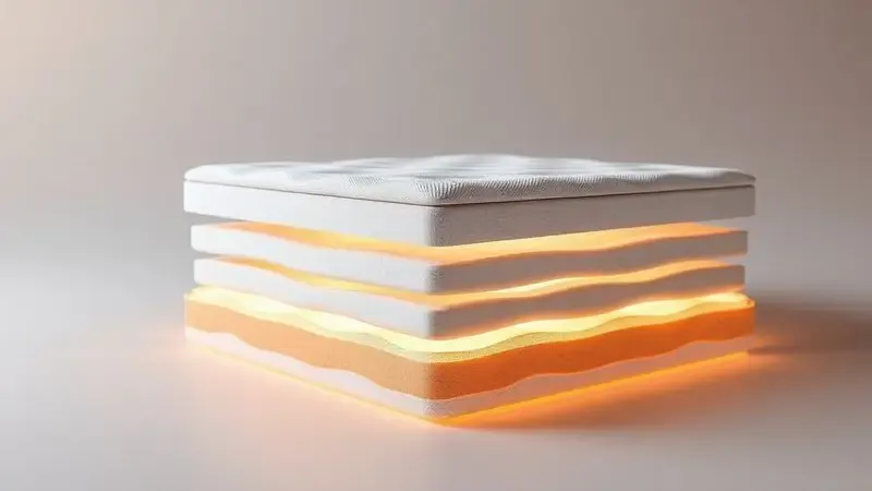 Representação conceitual em 3D das camadas internas de conforto e suporte de um colchão de luxo.