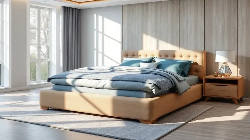 Representação 3D de um colchão de alta qualidade com acabamento premium e cores suaves em um ambiente moderno.
