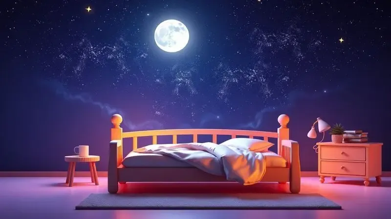 Cena conceitual de um quarto sereno com iluminação mágica e estrelas simbolizando uma noite de sono perfeita.