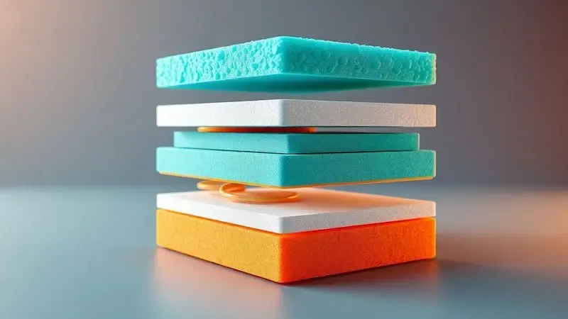 Representação 3D das camadas internas tecnológicas e materiais de um colchão de alta qualidade.