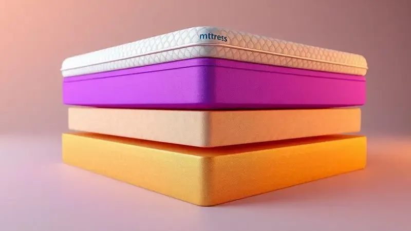 Representação 3D das camadas internas e tecnologia de um colchão de alta qualidade com cores vibrantes.