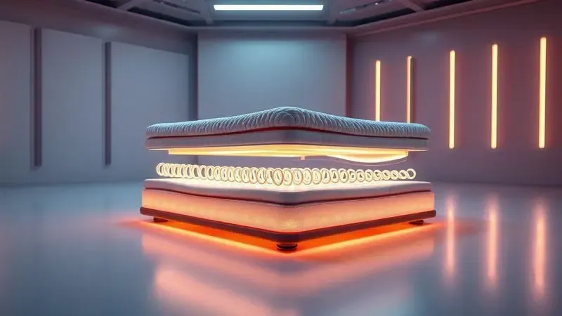 Visão 3D conceitual das camadas internas e molas de um colchão de alta tecnologia em um ambiente iluminado.