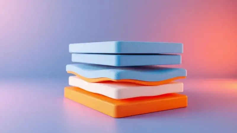 Visualização abstrata das camadas tecnológicas e diferenciais de conforto de um colchão moderno em 3D.