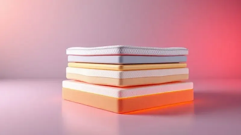 Visão conceitual das camadas internas e materiais de conforto de um colchão premium.