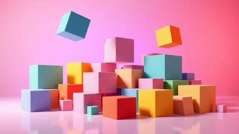 Blocos geométricos de espuma colorida representando diferentes densidades para colchão de casal.