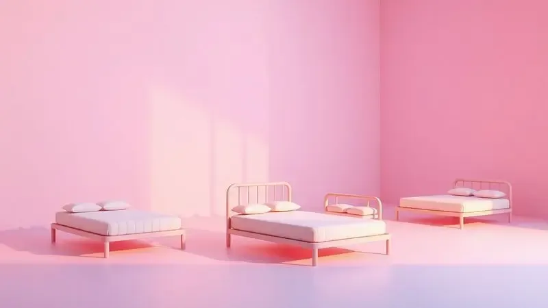 Ilustração 3D conceitual de diferentes tamanhos e formatos de bases de camas box em um ambiente moderno.