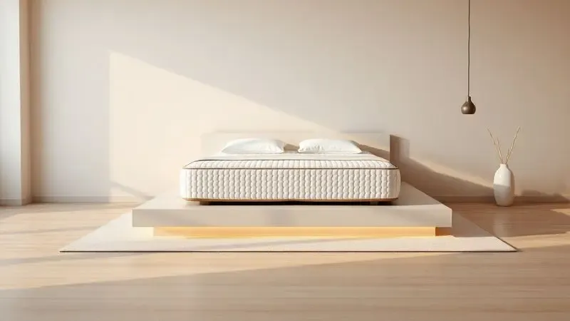 Quarto contemporâneo exibindo um colchão de casal em ambiente minimalista com foco no design e proporção.