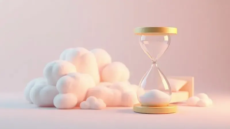 Cena conceitual 3D com nuvens macias e elementos de tempo simbolizando durabilidade e sono profundo.
