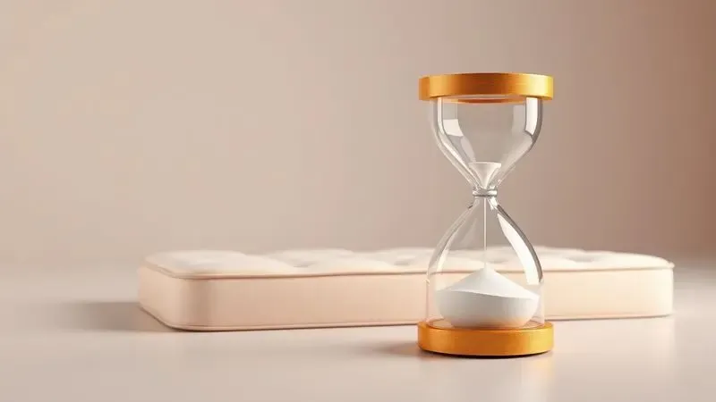 Simbolismo de durabilidade e longevidade com elementos abstratos e iluminação acolhedora sobre um colchão.