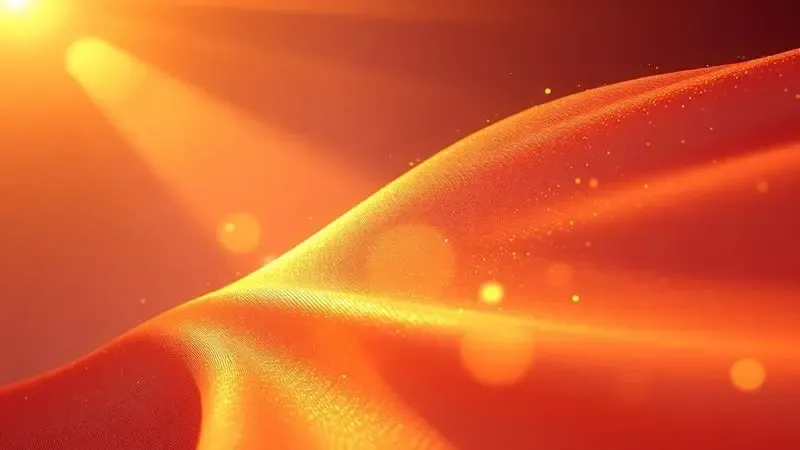 Ilustração conceitual de raios solares dourados incidindo sobre uma superfície de tecido macio em um ambiente 3D vibrante.