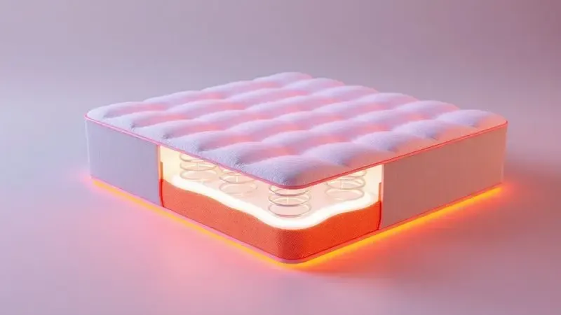 Ilustração conceitual em 3D mostrando a seção transversal de um colchão de molas com luzes quentes e cores vibrantes.
