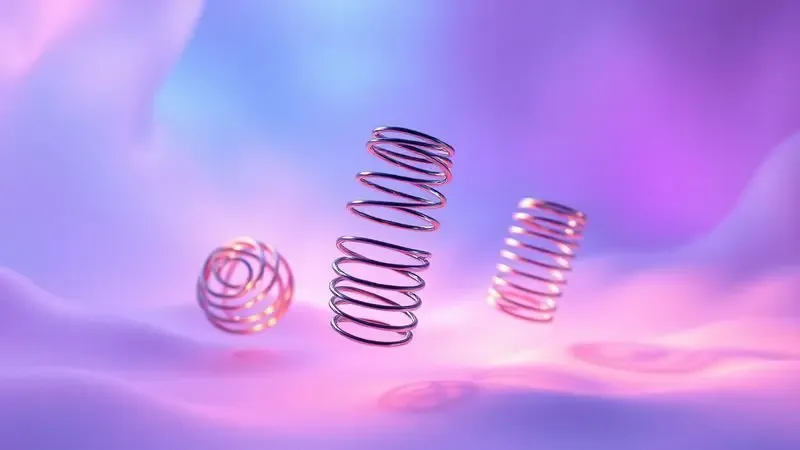 Visualização artística 3D de molas ensacadas individuais flutuando em um ambiente suave.