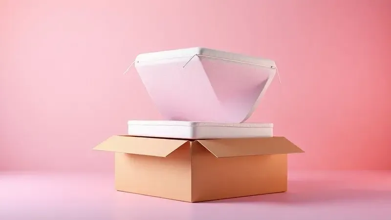 Representação 3D de um colchão na caixa expandindo em um ambiente moderno e minimalista.