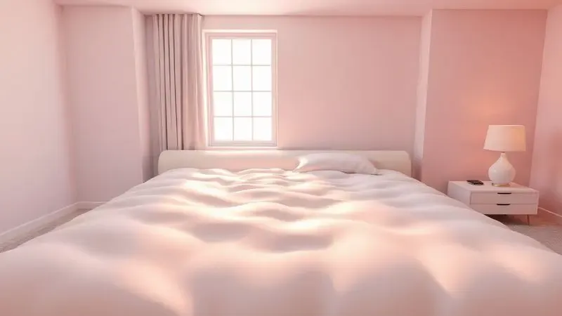 Representação conceitual 3D do tamanho amplo e confortável de um colchão king size em um ambiente acolhedor.
