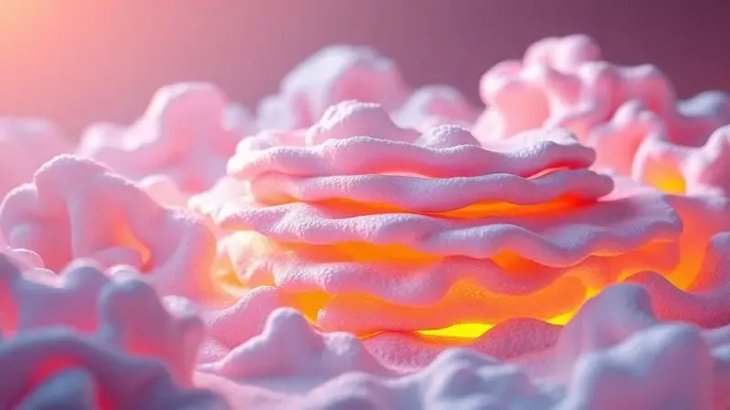 Visualização 3D conceitual das camadas internas de espuma de um colchão com iluminação quente.