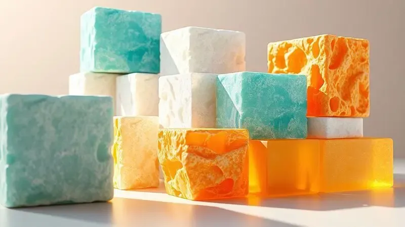 Representação conceitual em 3D de diferentes blocos de espuma coloridos para explicar a densidade de colchões.
