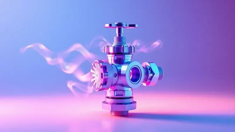 Representação artística em 3D de uma válvula de ar conceitual com fluxo de ar abstrato em tons de azul.
