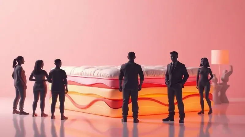 Silhuetas estilizadas representando biotipos humanos ao lado de um colchão conceitual com camadas de cores vibrantes.