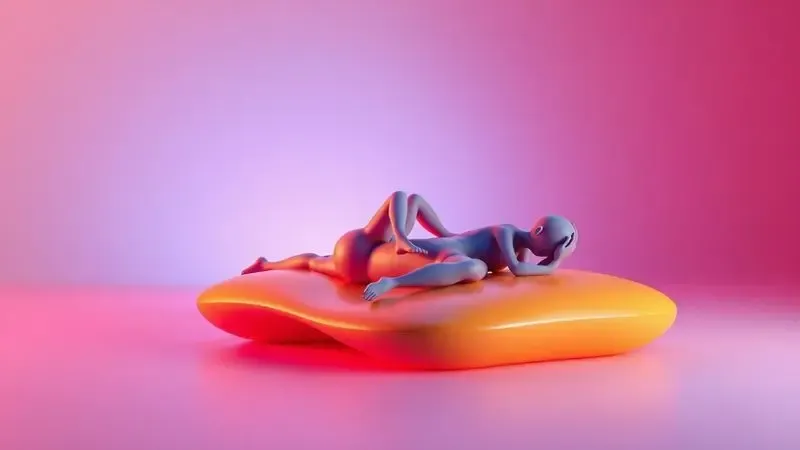 Representação conceitual de um casal descansando sobre uma superfície de espuma confortável e colorida.