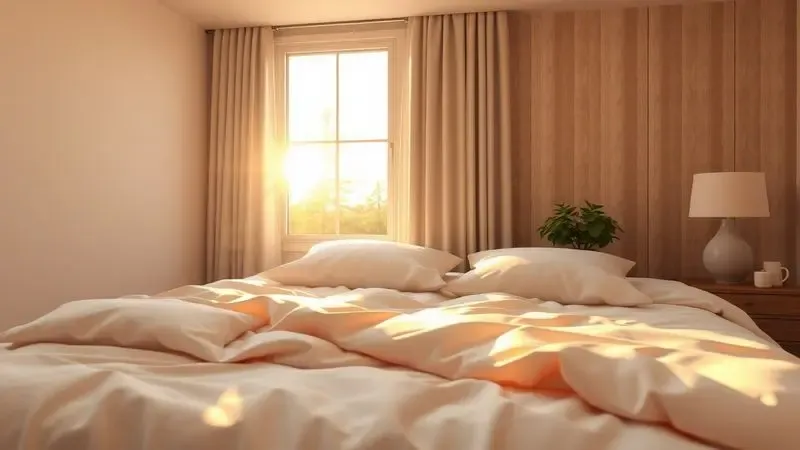 Quarto aconchegante com cama confortável iluminada pela luz do sol em estilo 3D.