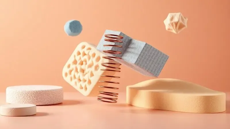 Composição 3D criativa de diferentes texturas e materiais de colchão para ajudar na escolha do modelo ideal para cada perfil de sono.