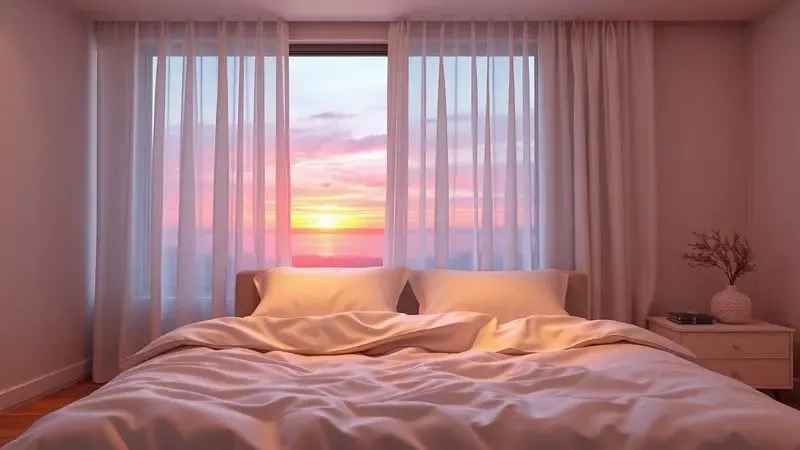 Cena de quarto minimalista e aconchegante com iluminação quente destacando o conforto de um colchão premium.
