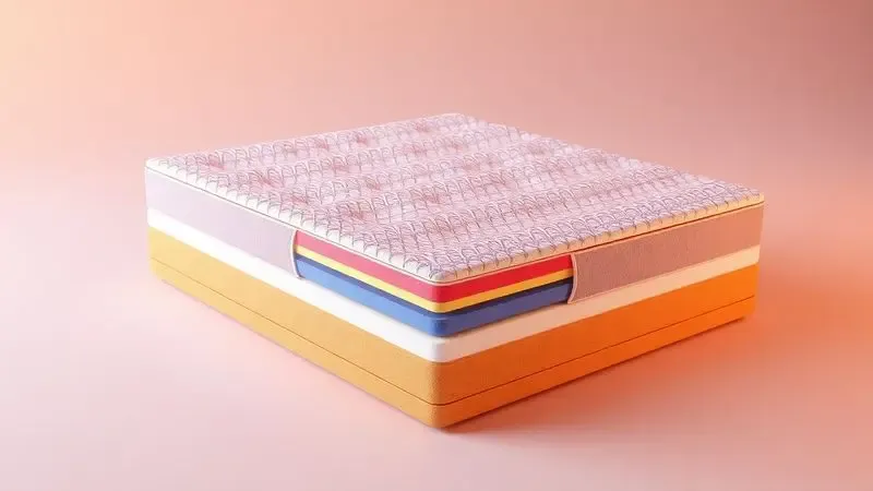Visualização 3D de camadas internas de um colchão com cores vibrantes mostrando a estrutura de suporte e densidade.