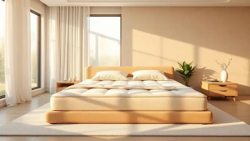 Ilustração conceitual em 3D de um colchão de casal em um quarto moderno com iluminação suave.