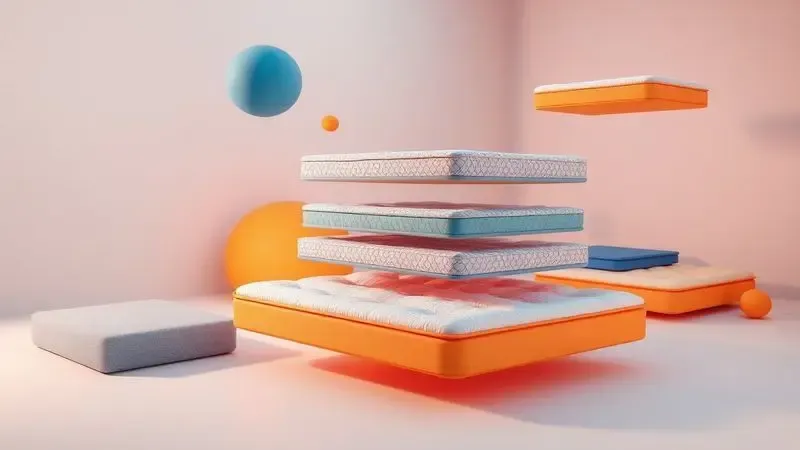 Representação artística em 3D de diferentes texturas e materiais de colchões de camping em um ambiente iluminado.
