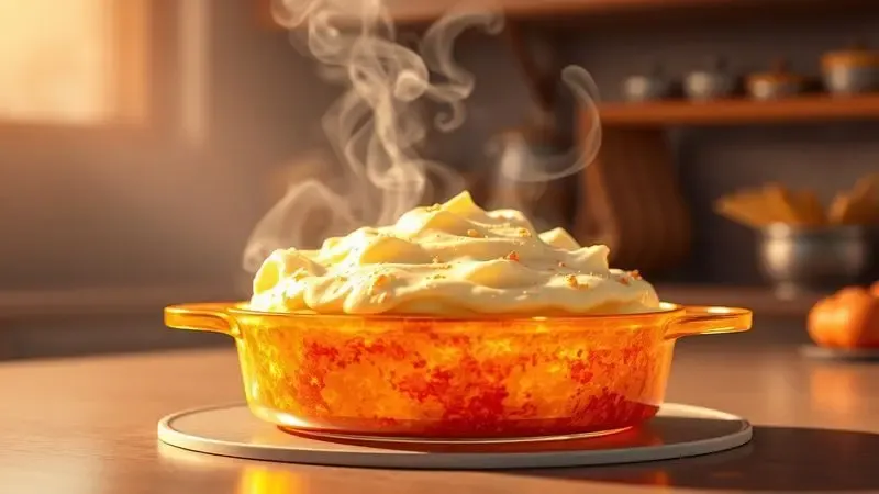 Cena 3D de um prato gratinado cremoso com purê de mandioca saindo fumaça em um ambiente aconchegante.