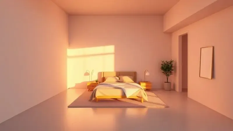 Visualização arquitetônica 3D de um quarto com cama queen e áreas de circulação destacadas em luz suave.