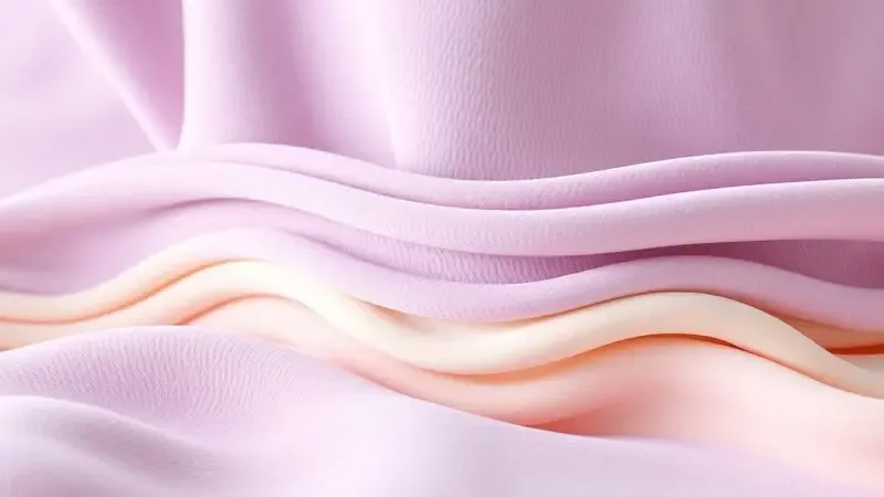 Visualização abstrata em 3D de camadas de tecidos luxuosos e espumas macias em tons pastéis.