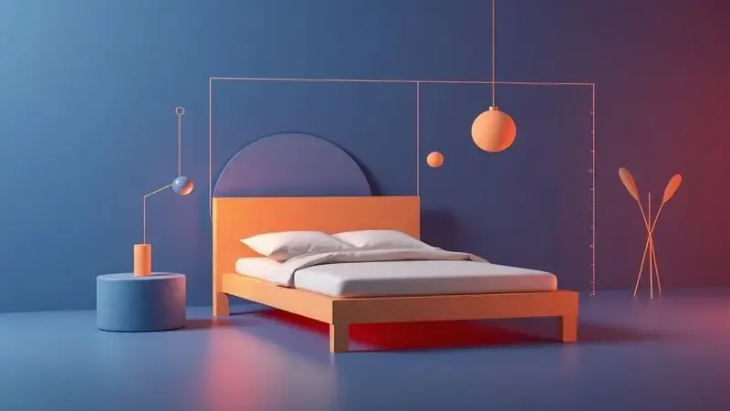 Visualização 3D de formas geométricas e linhas de medição flutuando ao redor de uma base de cama minimalista.